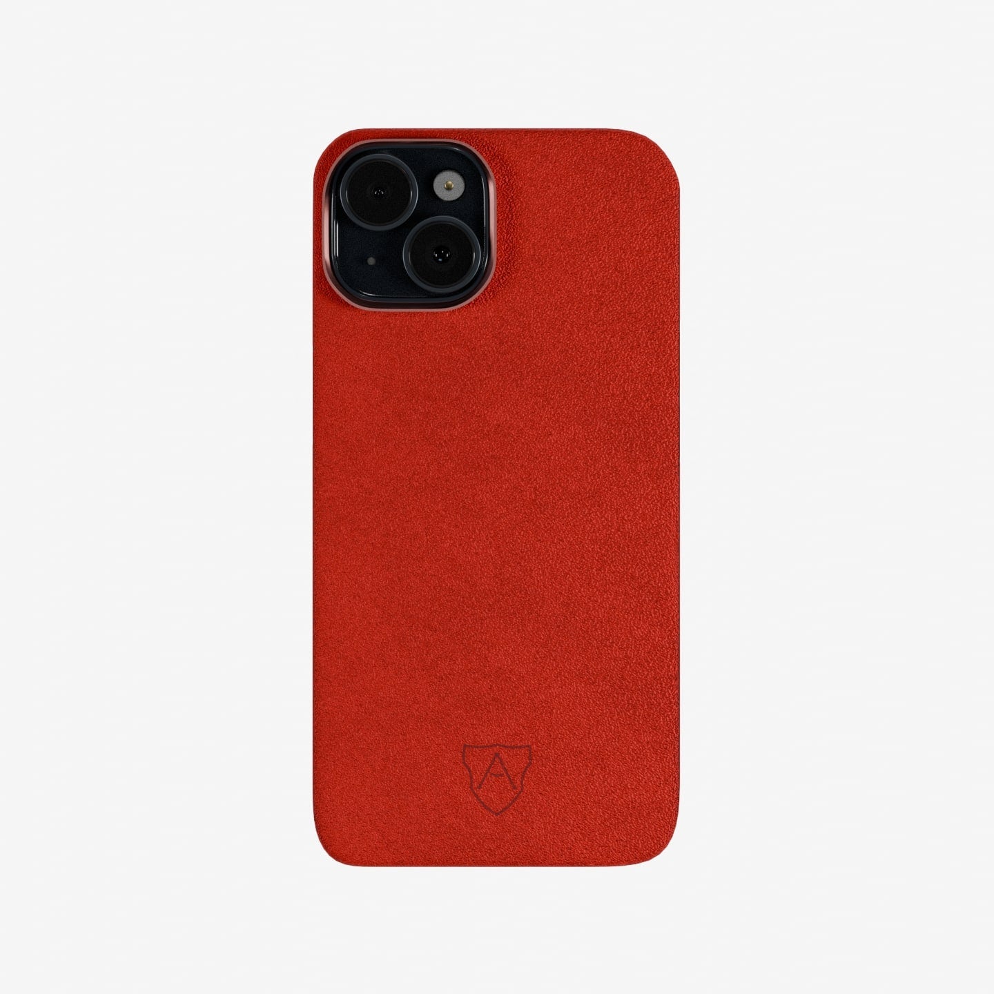 A red slimcase cover made of Alcantara for a smartphone, with the brand logo visible at the bottom.