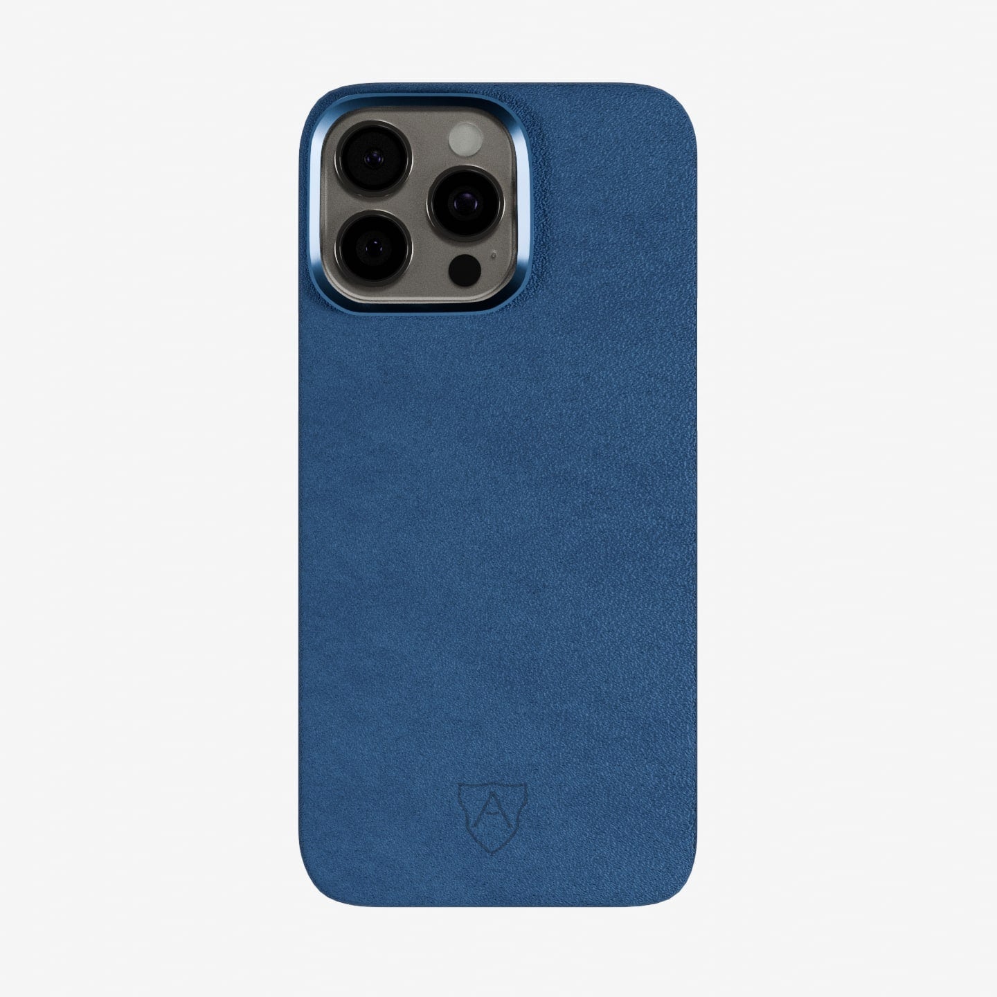 A blue slimcase cover made of Alcantara for a smartphone, with the brand logo visible at the bottom.
