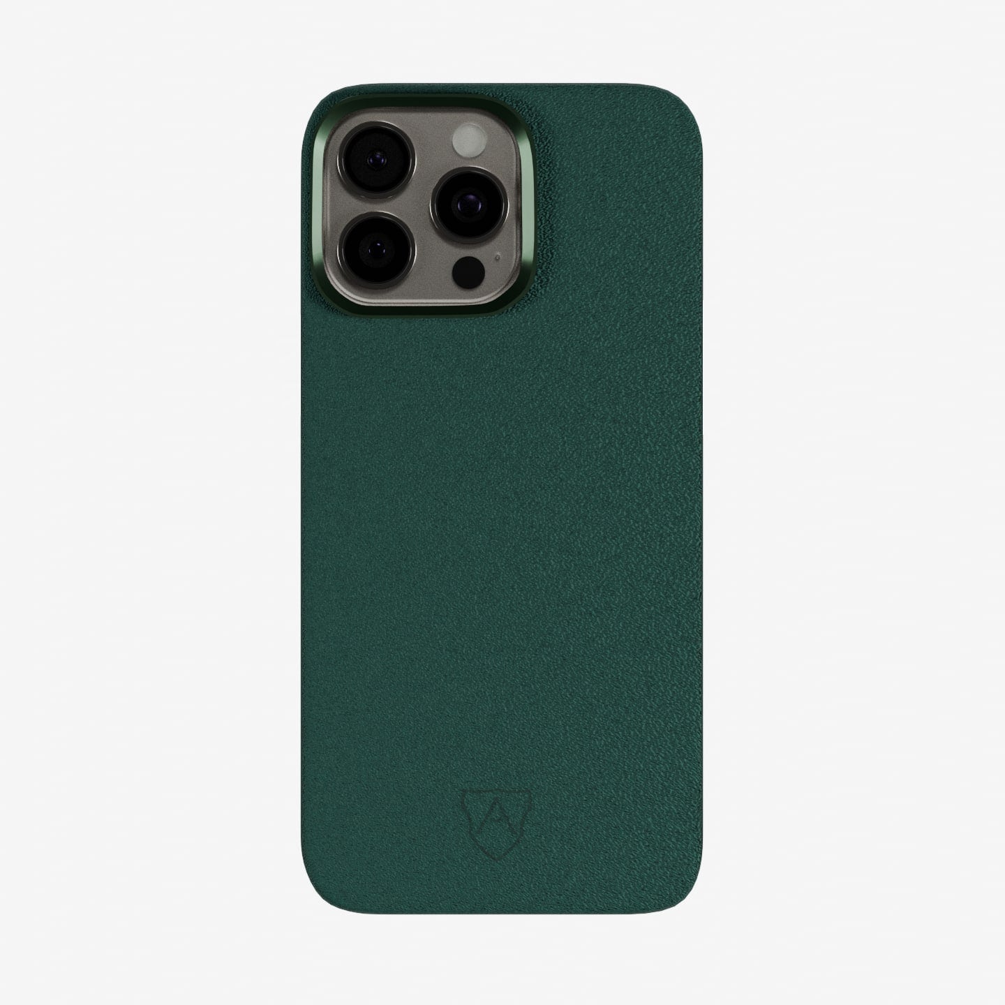 A green slimcase cover made of Alcantara for a smartphone, with the brand logo visible at the bottom.