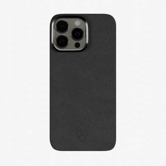 A black slimcase cover made of Alcantara for a smartphone, with the brand logo visible at the bottom.