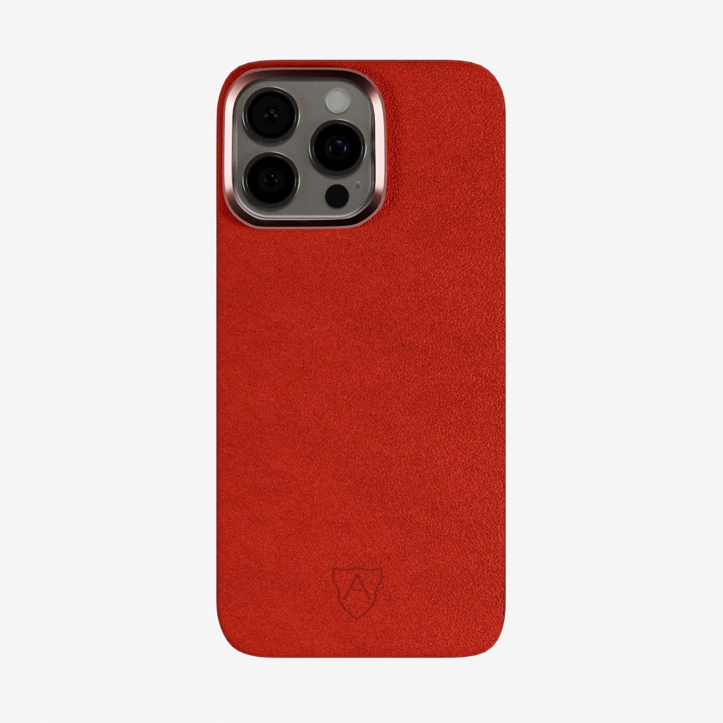 A red slimcase cover made of Alcantara for a smartphone, with the brand logo visible at the bottom.