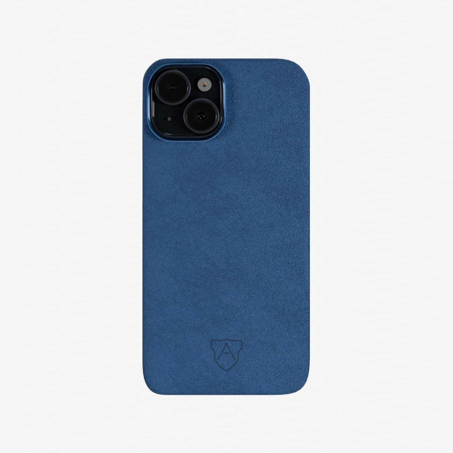 A blue slimcase cover made of Alcantara for a smartphone, with the brand logo visible at the bottom.