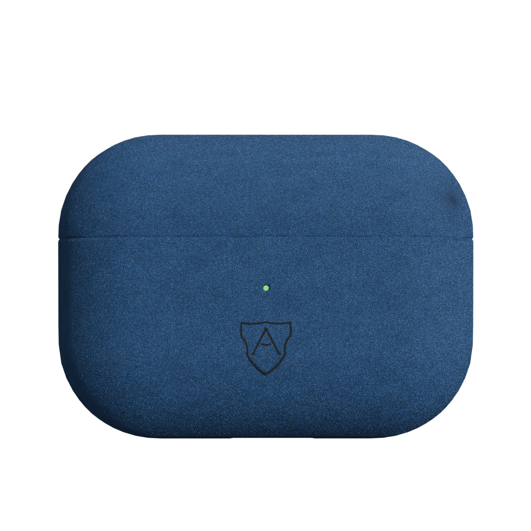 A blue case for AirPods Pro 2 made of Italian Alcantara with a visible brand logo on the front.