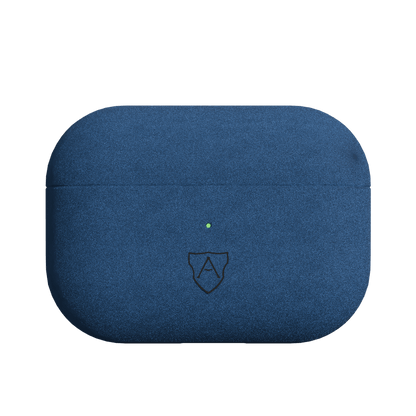 A blue case for AirPods Pro 2 made of Italian Alcantara with a visible brand logo on the front.