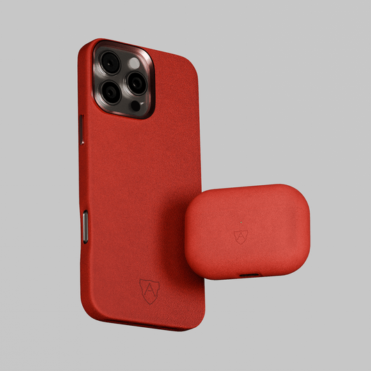 A red mobile phone case and a Air Pods Pro 2 case, both with the brand logo visible.