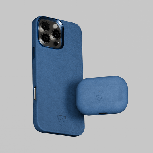 A blue mobile phone case and a Air Pods Pro 2 case, both with the brand logo visible.