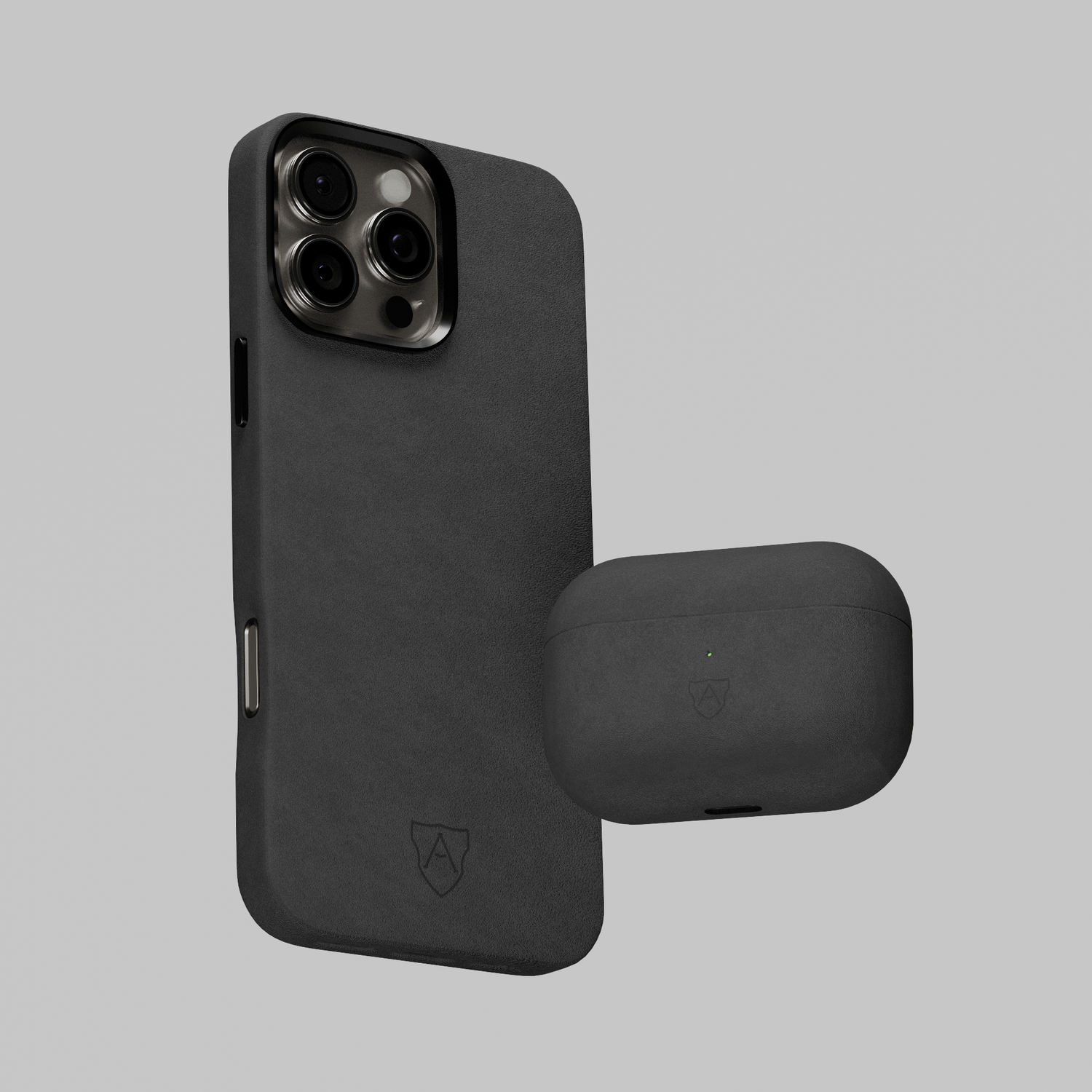 A black mobile phone case and a Air Pods Pro 2 case, both with the brand logo visible.