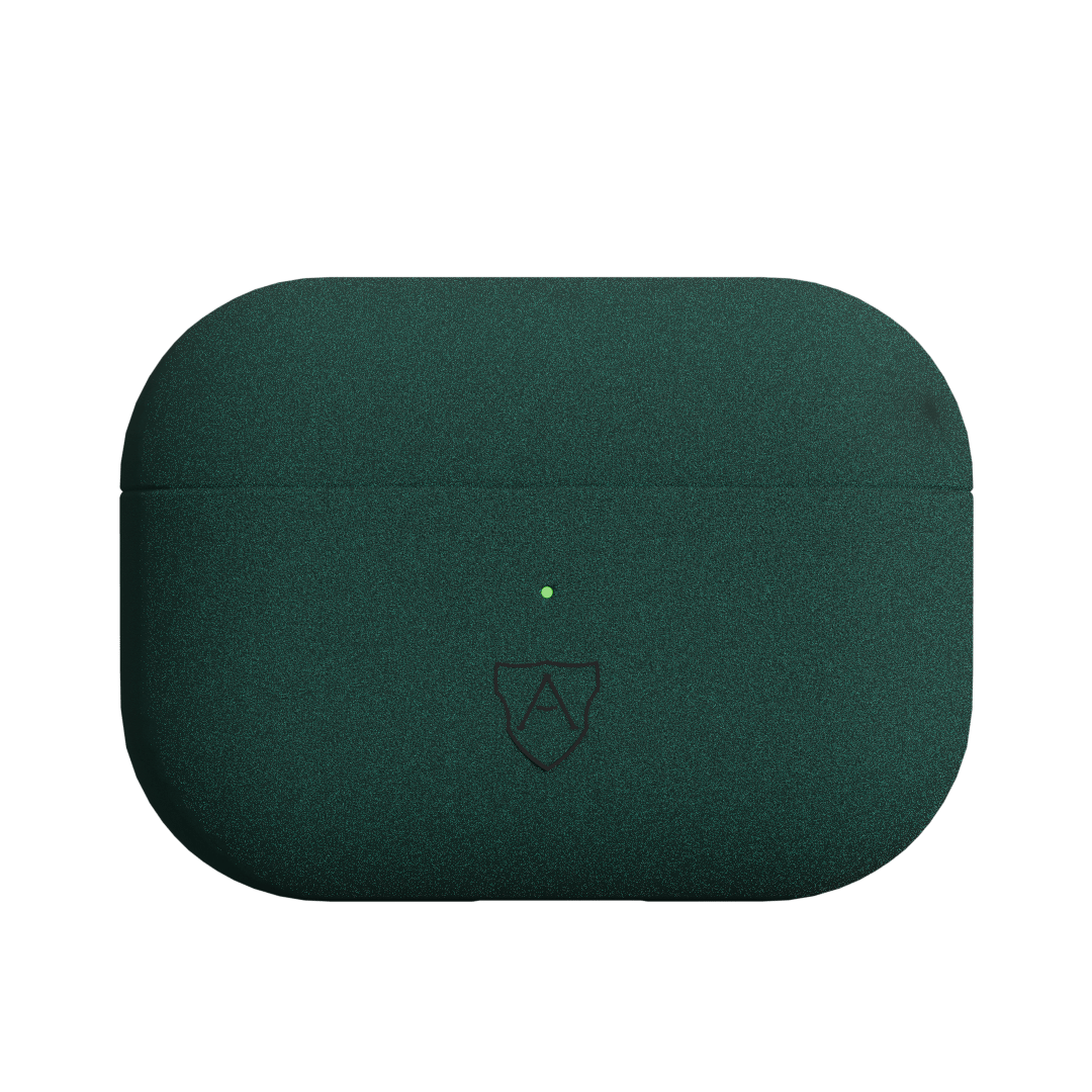 A green case for AirPods Pro 2 made of Italian Alcantara with a visible brand logo on the front.