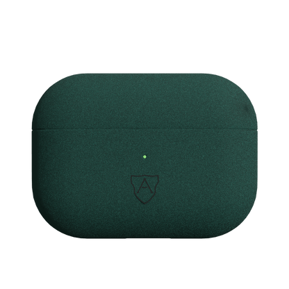 A green case for AirPods Pro 2 made of Italian Alcantara with a visible brand logo on the front.