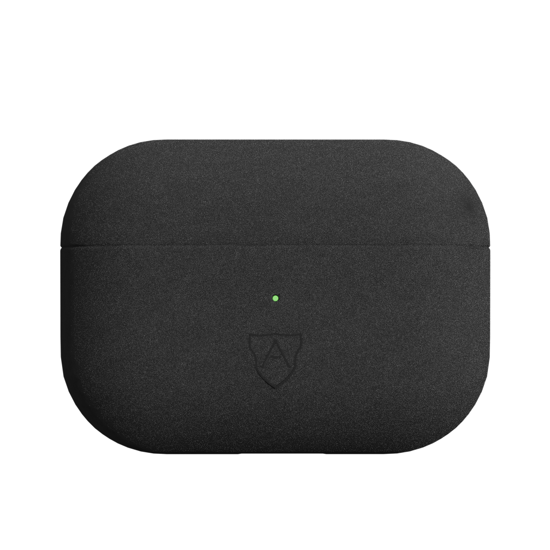A black case for AirPods Pro 2 made of Italian Alcantara with a visible brand logo on the front.