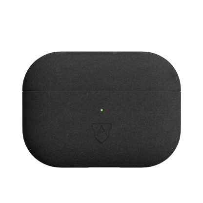 A black case for AirPods Pro 2 made of Italian Alcantara with a visible brand logo on the front.