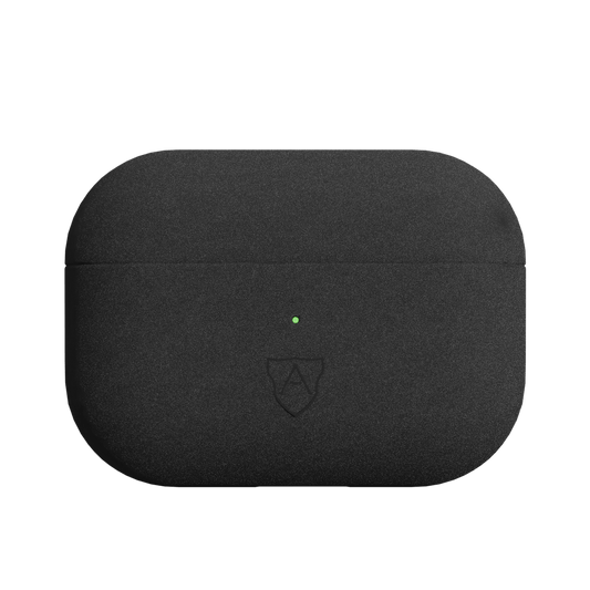 A black case for AirPods Pro 2 made of Italian Alcantara with a visible brand logo on the front.